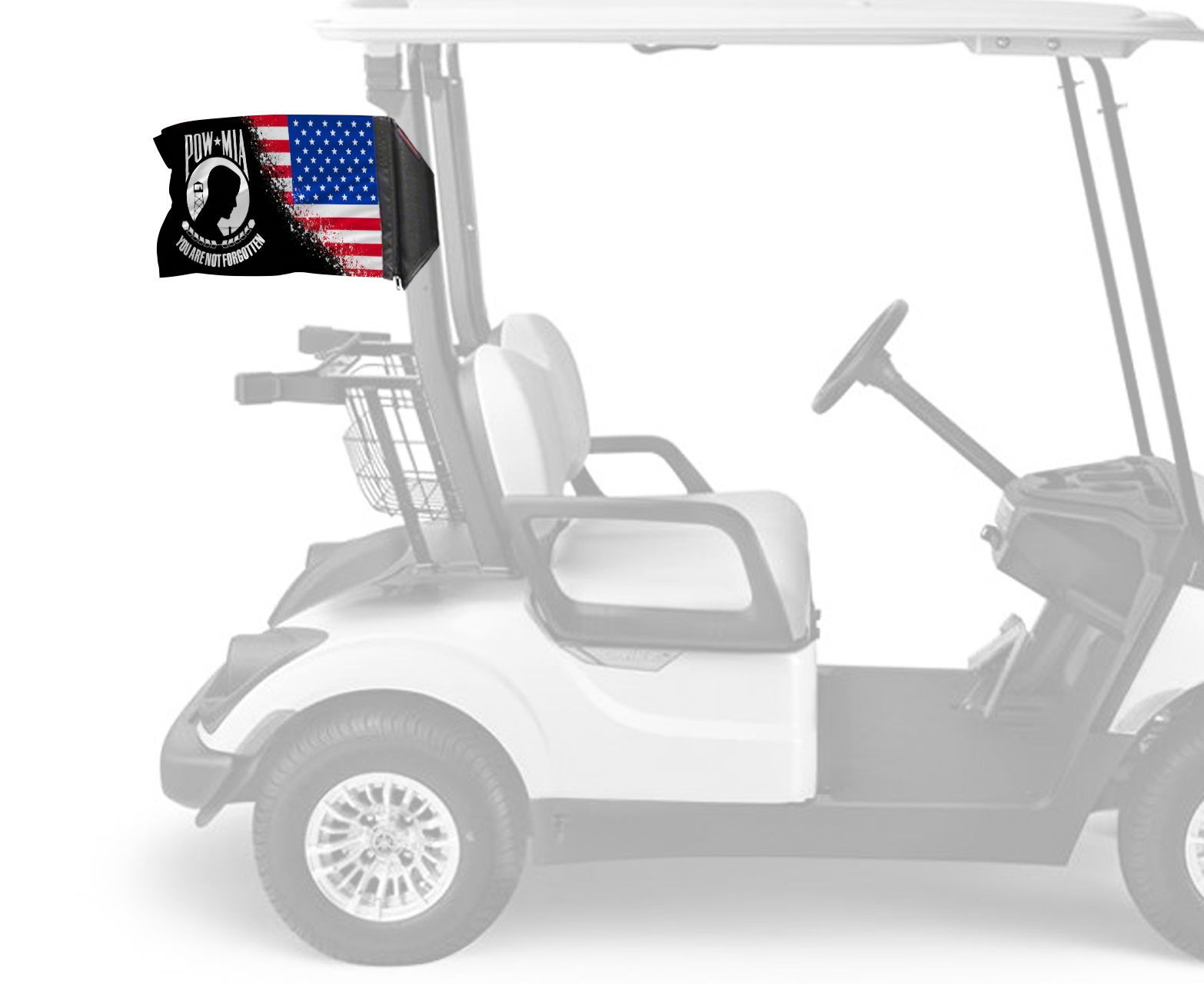 USA POW MIA Forever Wave flag mounted on a golf cart