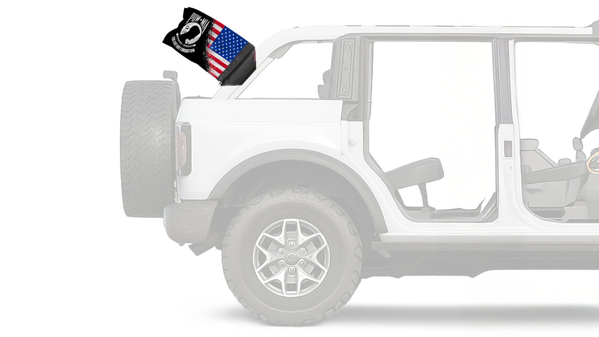 USA POW MIA Forever Wave flag mounted on a Ford Bronco roll bar