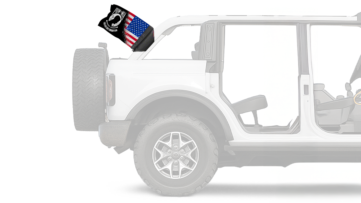 USA POW MIA Forever Wave flag mounted on a Ford Bronco roll bar