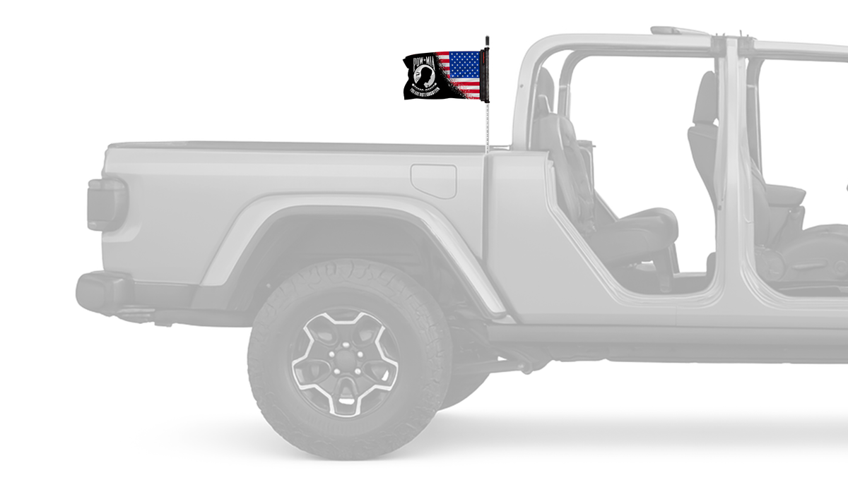 USA POW MIA Forever Wave flag mounted on a Jeep Gladiator antenna