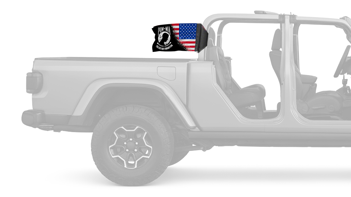 USA POW MIA Forever Wave flag mounted on a Jeep Gladiator roll bar sleeve