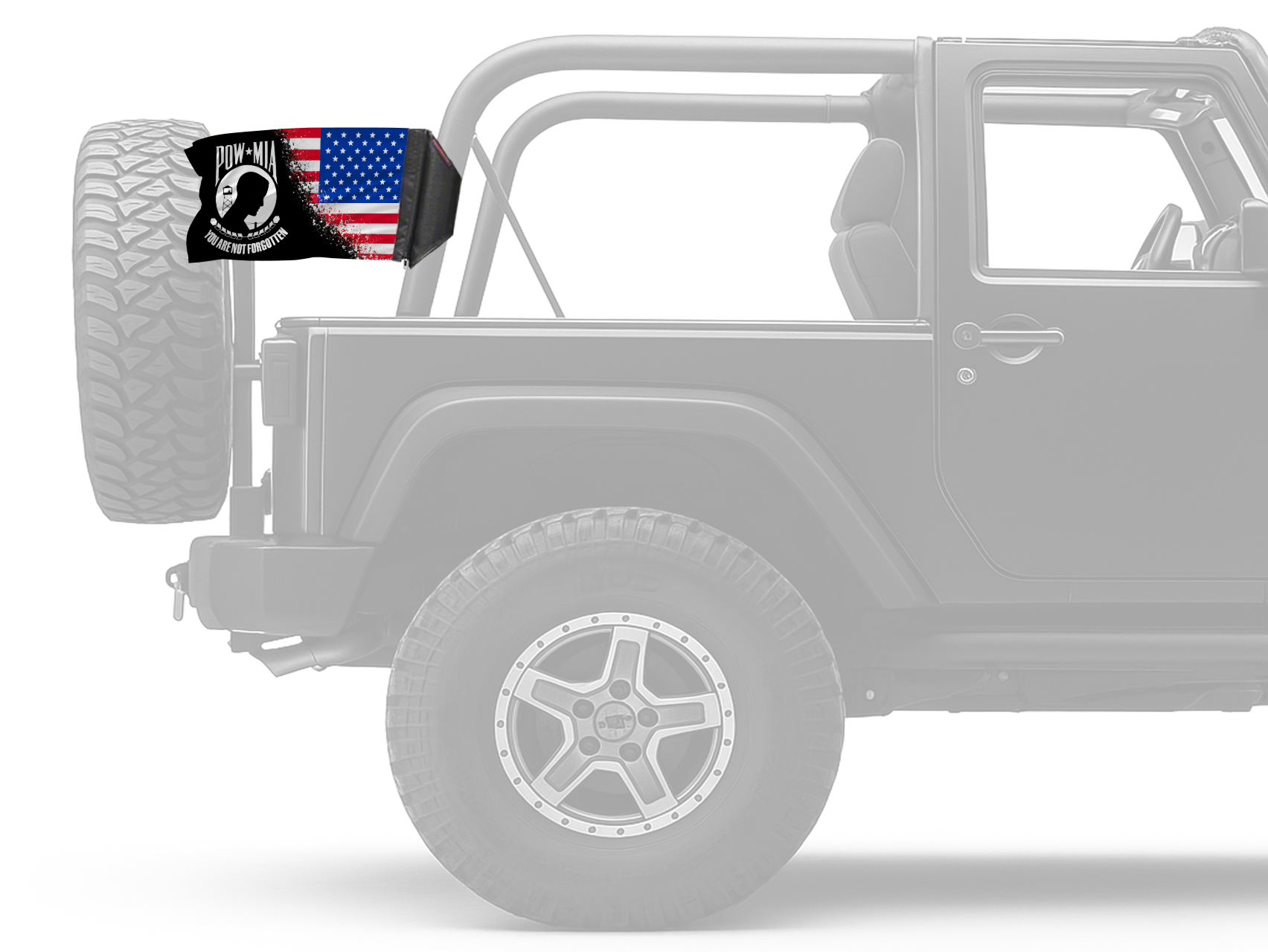 USA POW MIA Forever Wave flag mounted on an unpadded Jeep roll bar
