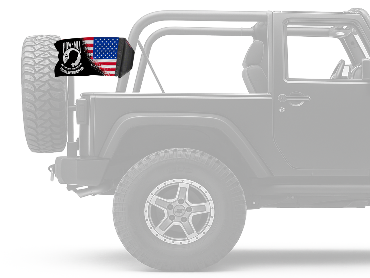 USA POW MIA Forever Wave flag mounted on an unpadded Jeep roll bar