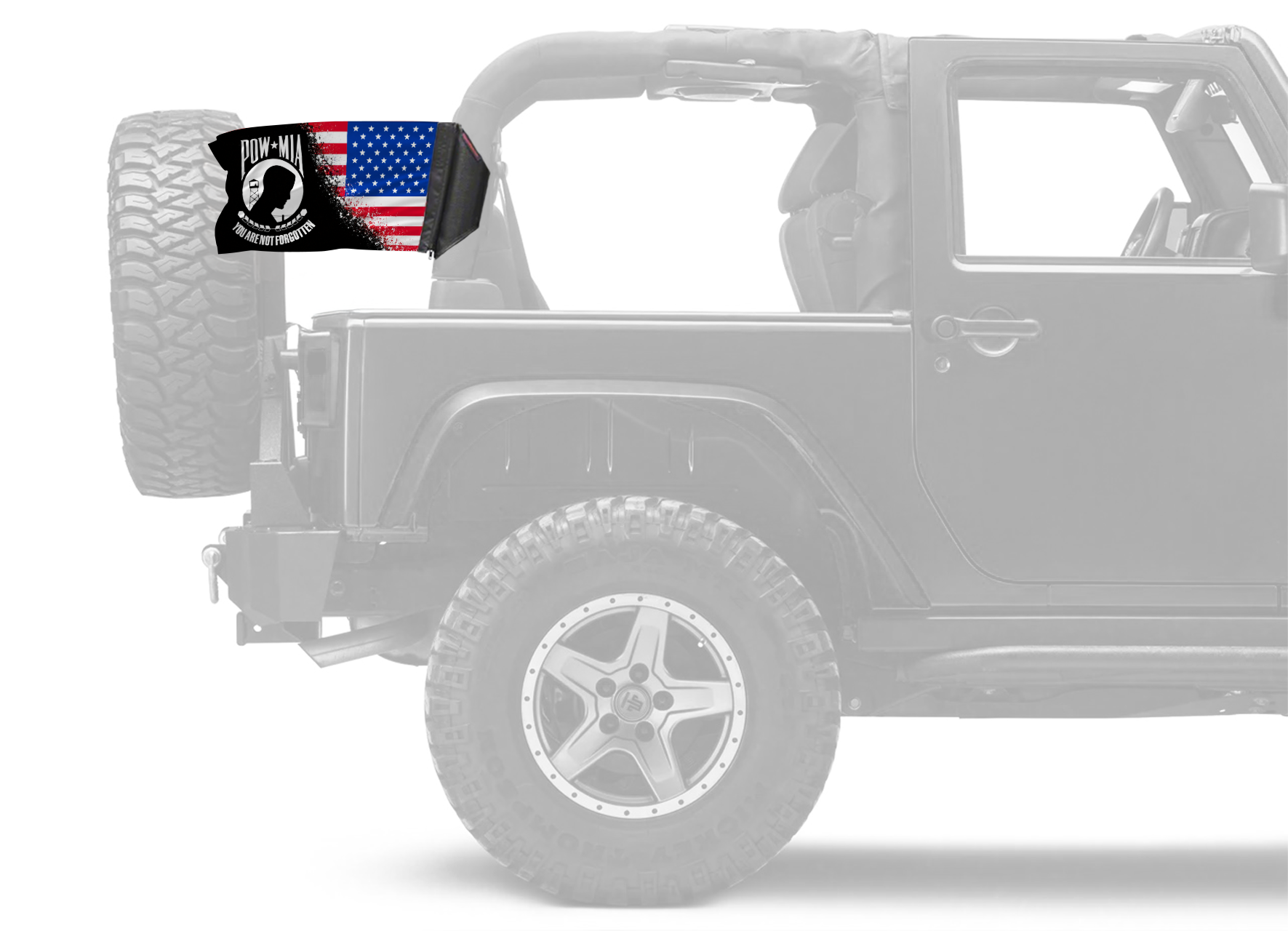 USA POW MIA Forever Wave flag mounted on a padded Jeep roll bar