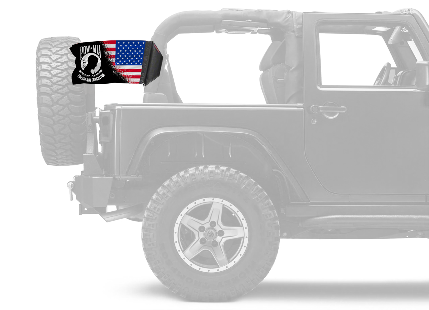 USA POW MIA Forever Wave flag mounted on a padded Jeep roll bar