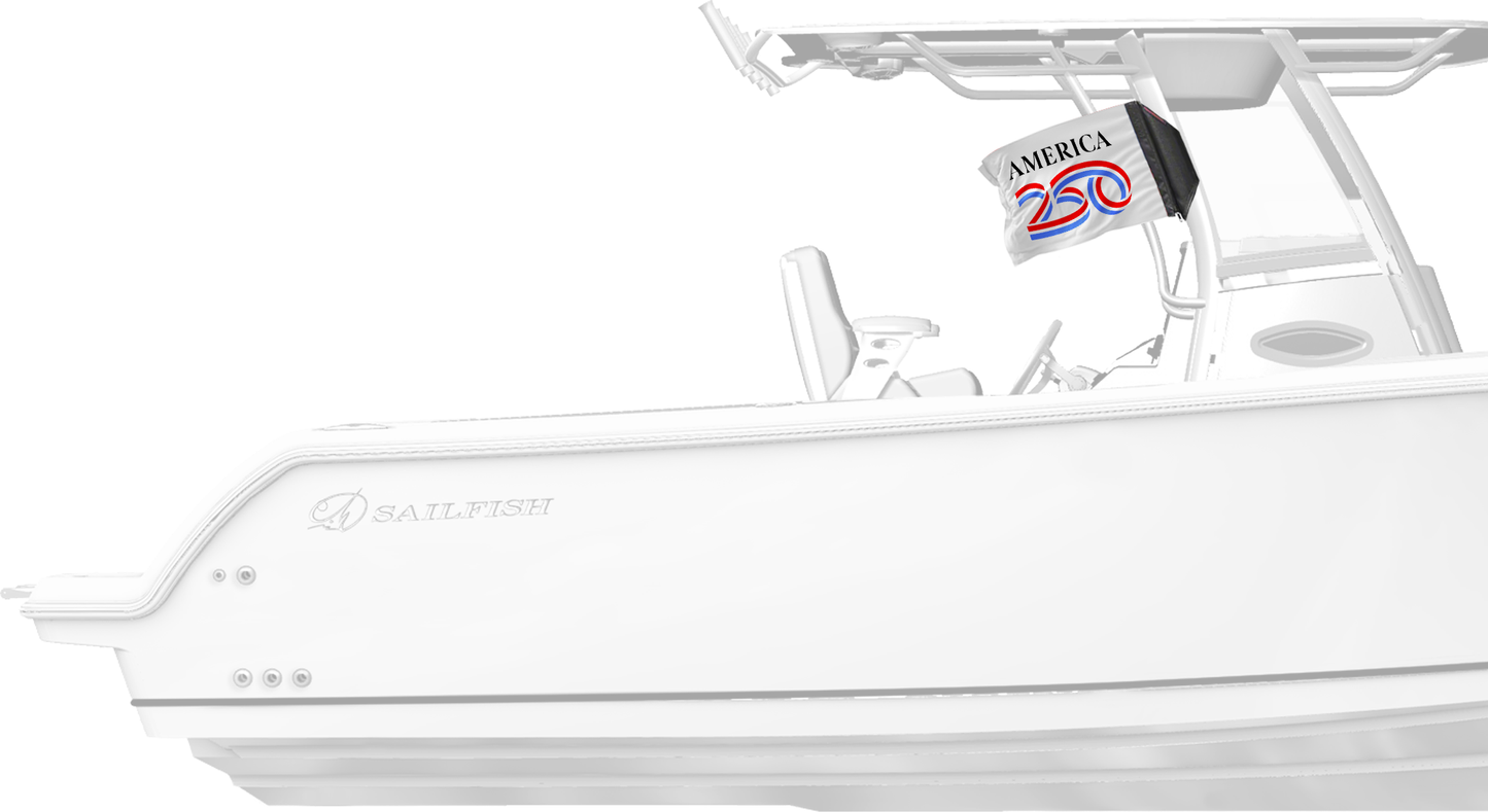America 250 Forever Wave white flag mounted on a boat T-top