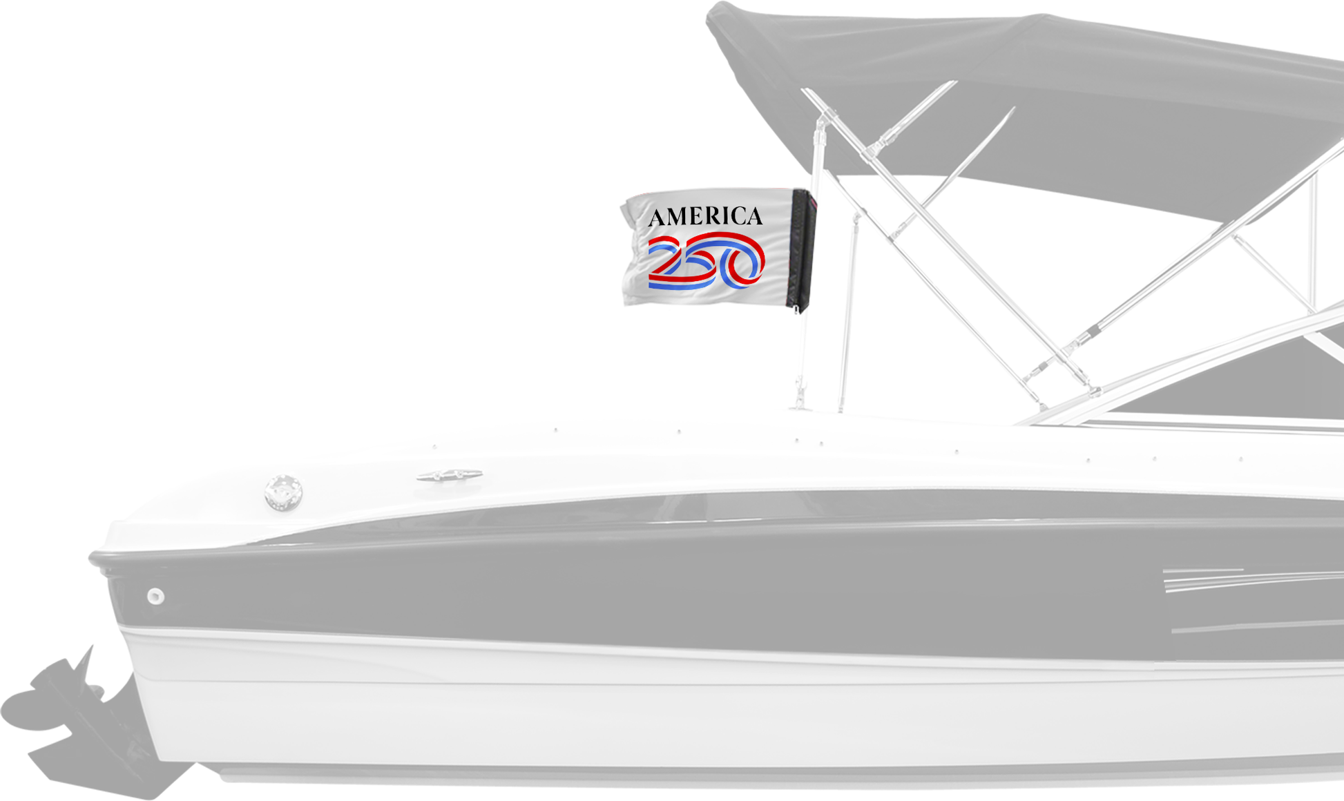America 250 Forever Wave white flag mounted on a boat Bimini top