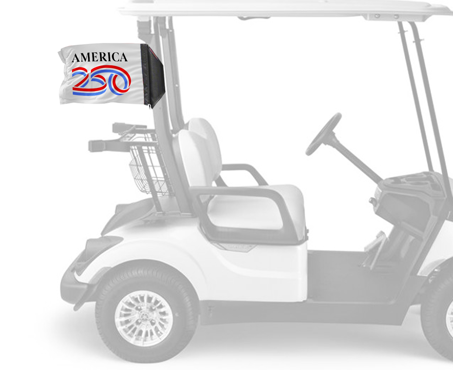 America 250 Forever Wave white flag mounted on a golf cart