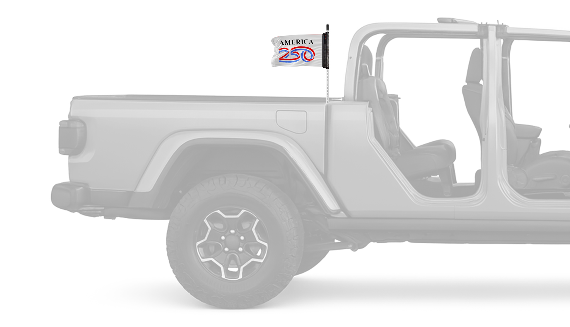 America 250 Forever Wave white flag mounted on a Jeep Gladiator JT antenna