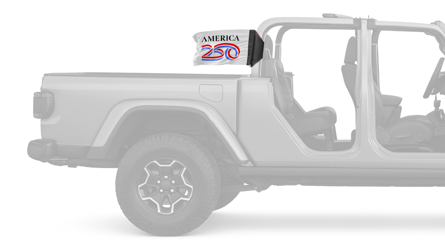 America 250 Forever Wave white flag on a Jeep Gladiator JT roll bar sleeve
