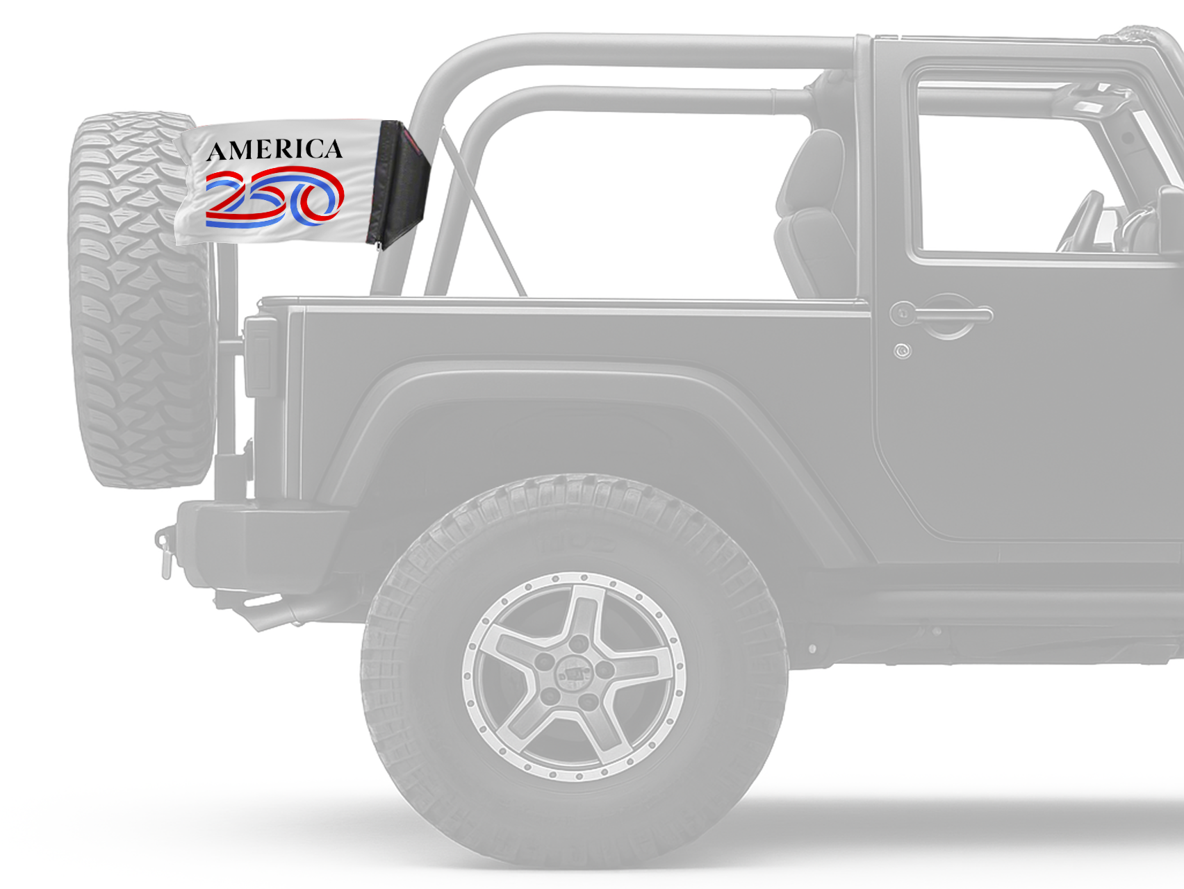America 250 Forever Wave white flag on a Jeep Wrangler TJ roll bar without padding