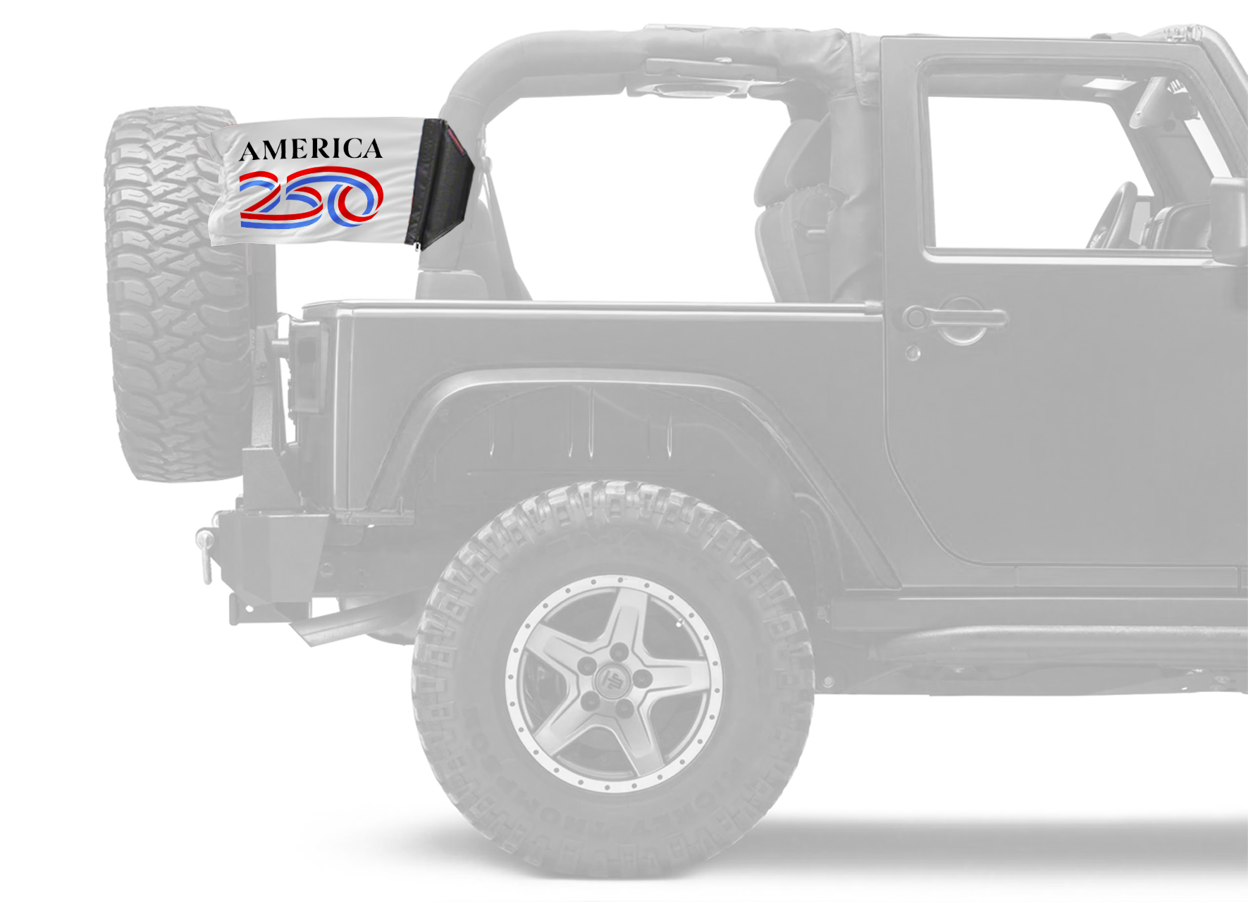 America 250 Forever Wave white flag on a padded Jeep Wrangler JLU roll bar