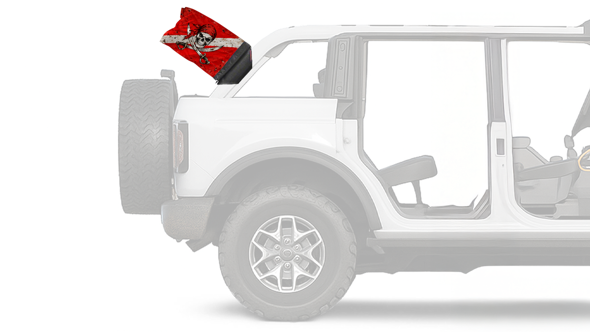 Diver Down Pirate Forever Wave flag mounted on a Ford Bronco roll bar