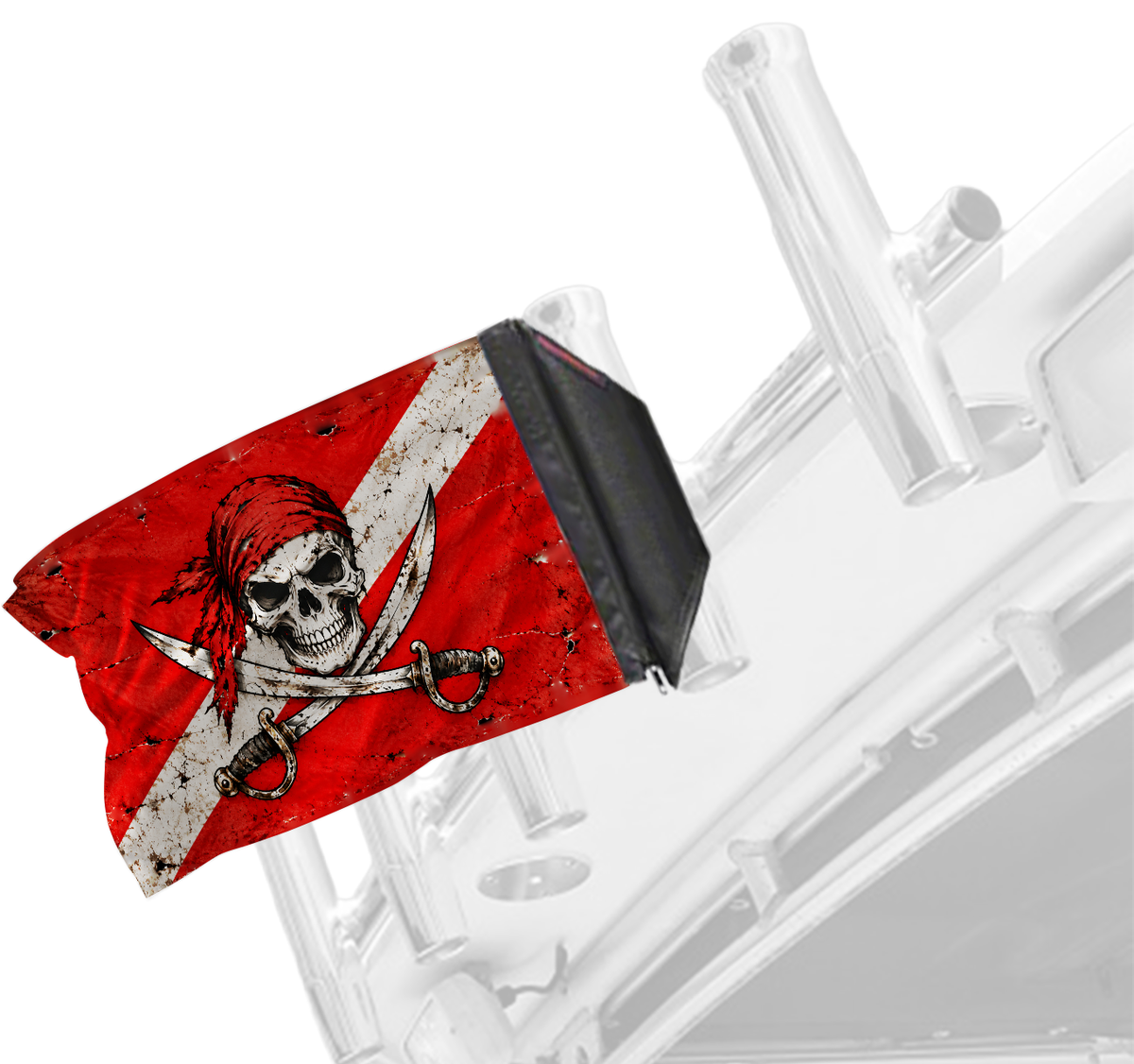 Diver Down Pirate Forever Wave flag mounted on a boat rod holder