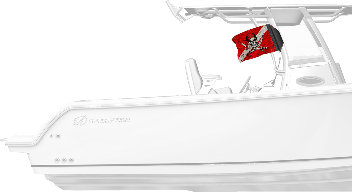 Diver Down Pirate Forever Wave flag mounted on a boat T-top
