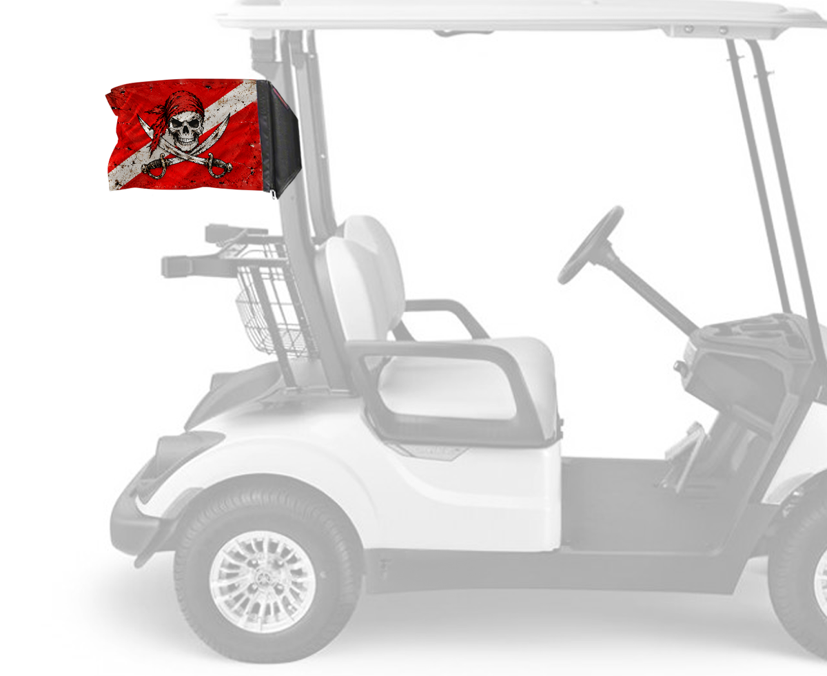 Diver Down Pirate Forever Wave flag mounted on a golf cart