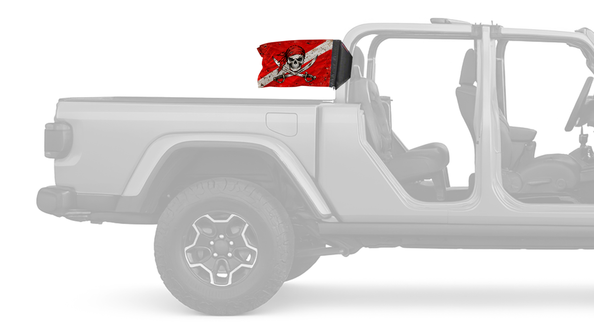 Diver Down Pirate Forever Wave flag mounted on a Jeep Gladiator roll bar sleeve