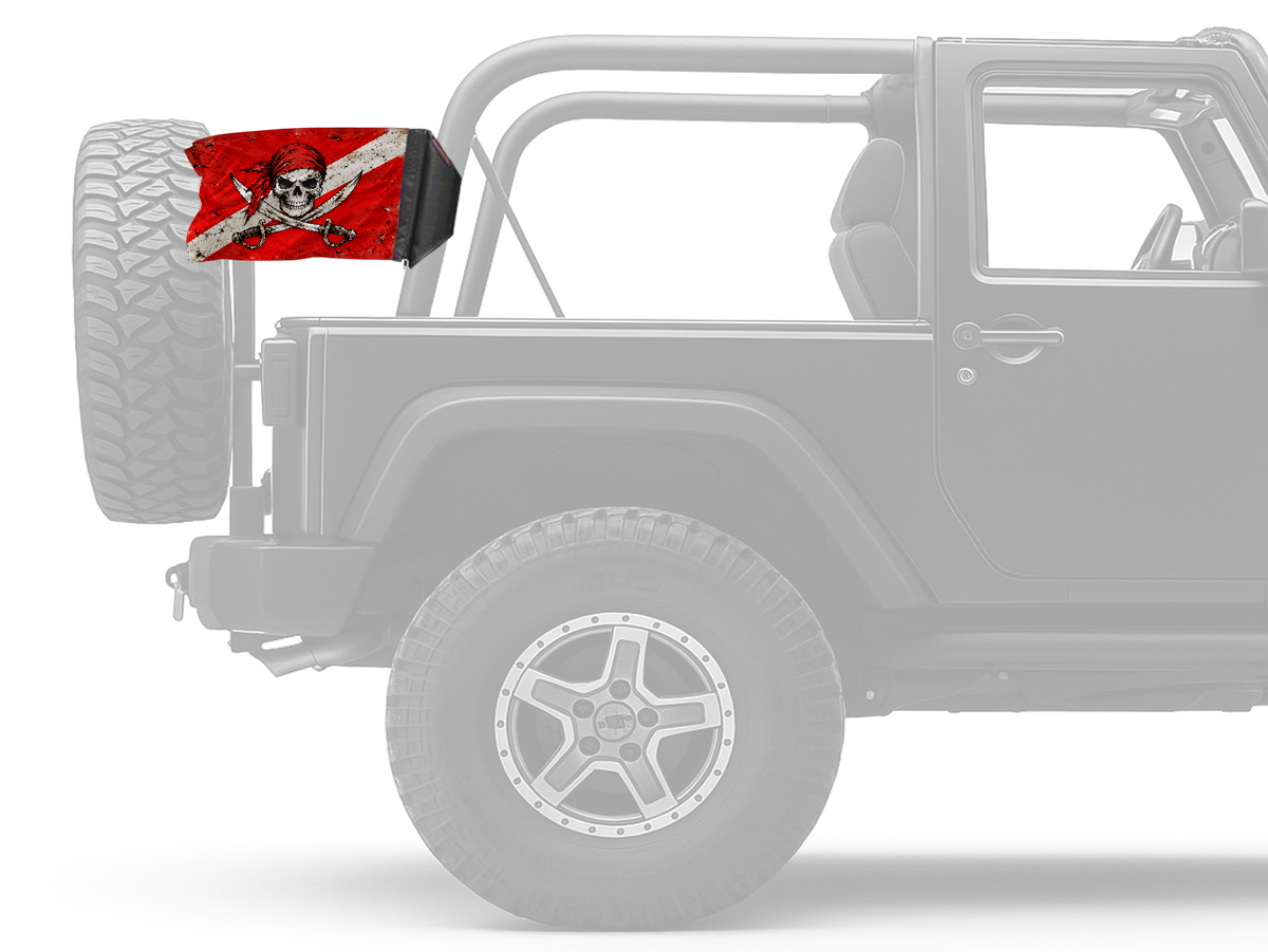 Diver Down Pirate Forever Wave flag mounted on an unpadded Jeep roll bar