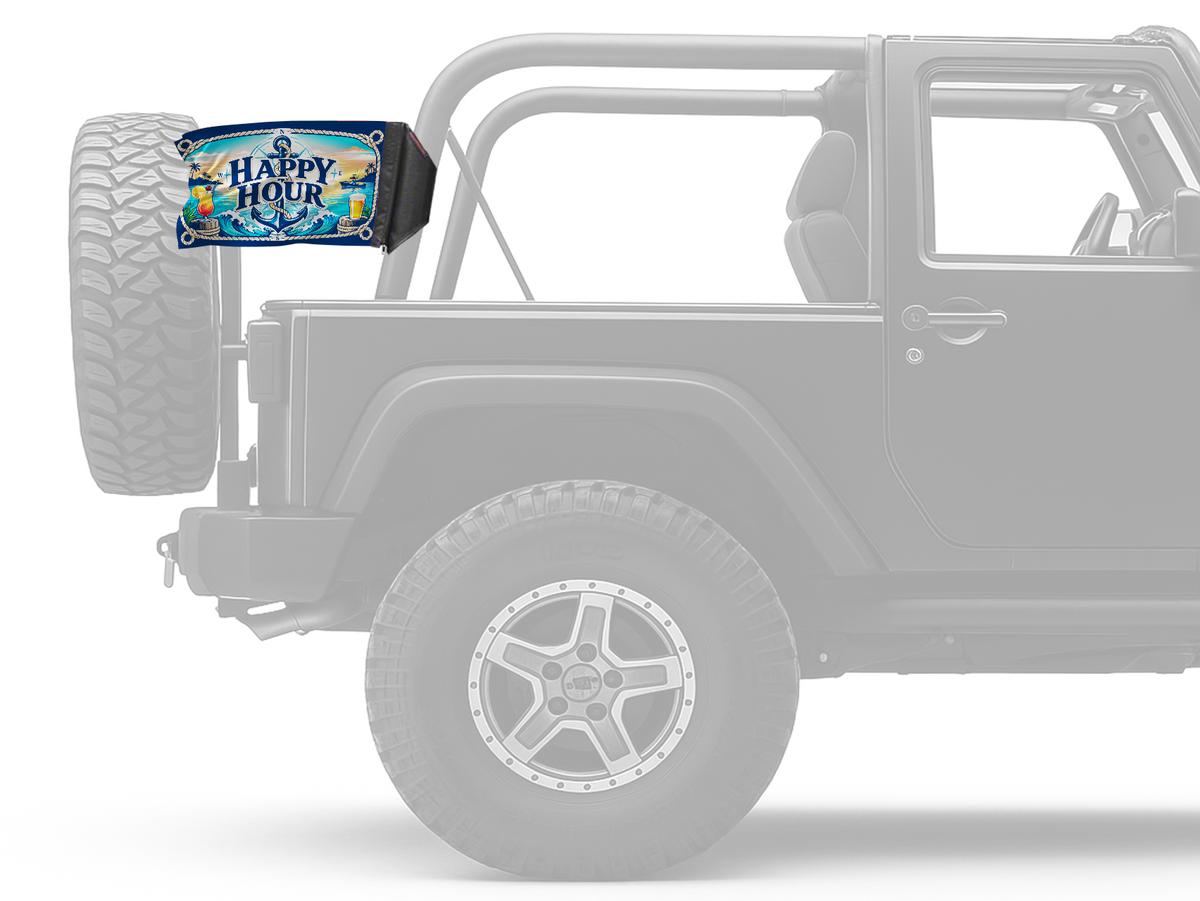 Happy Hour Nautical Forever Wave flag mounted on an unpadded Jeep roll bar
