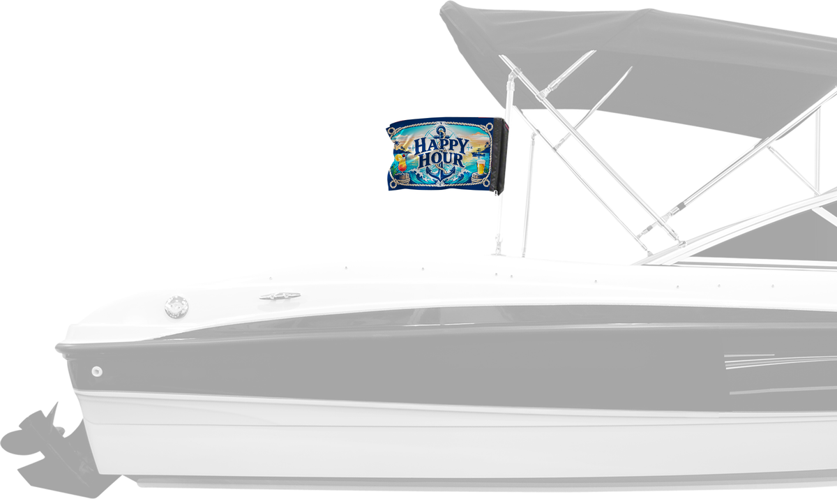 Happy Hour Nautical Forever Wave flag mounted on a boat bimini top
