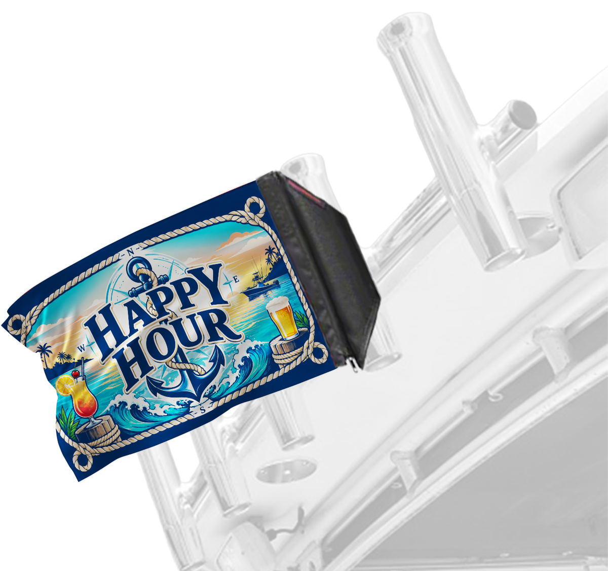 Happy Hour Nautical Forever Wave flag mounted on a boat rod holder