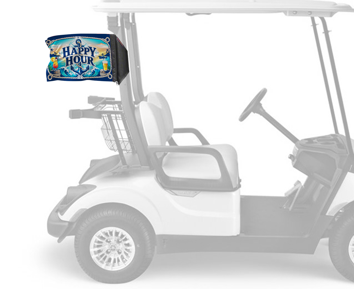 Happy Hour Nautical Forever Wave flag mounted on a golf cart