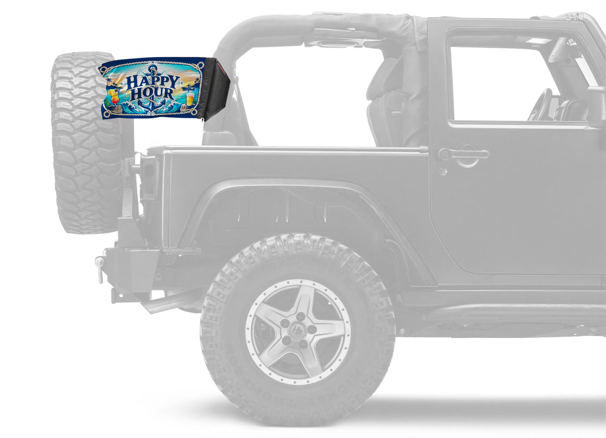Happy Hour Nautical Forever Wave flag mounted on a padded Jeep roll bar