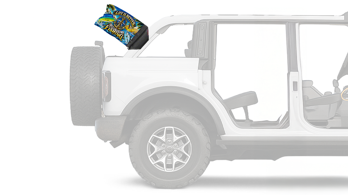 Life Is Better Forever Wave flag mounted on a Ford Bronco roll bar