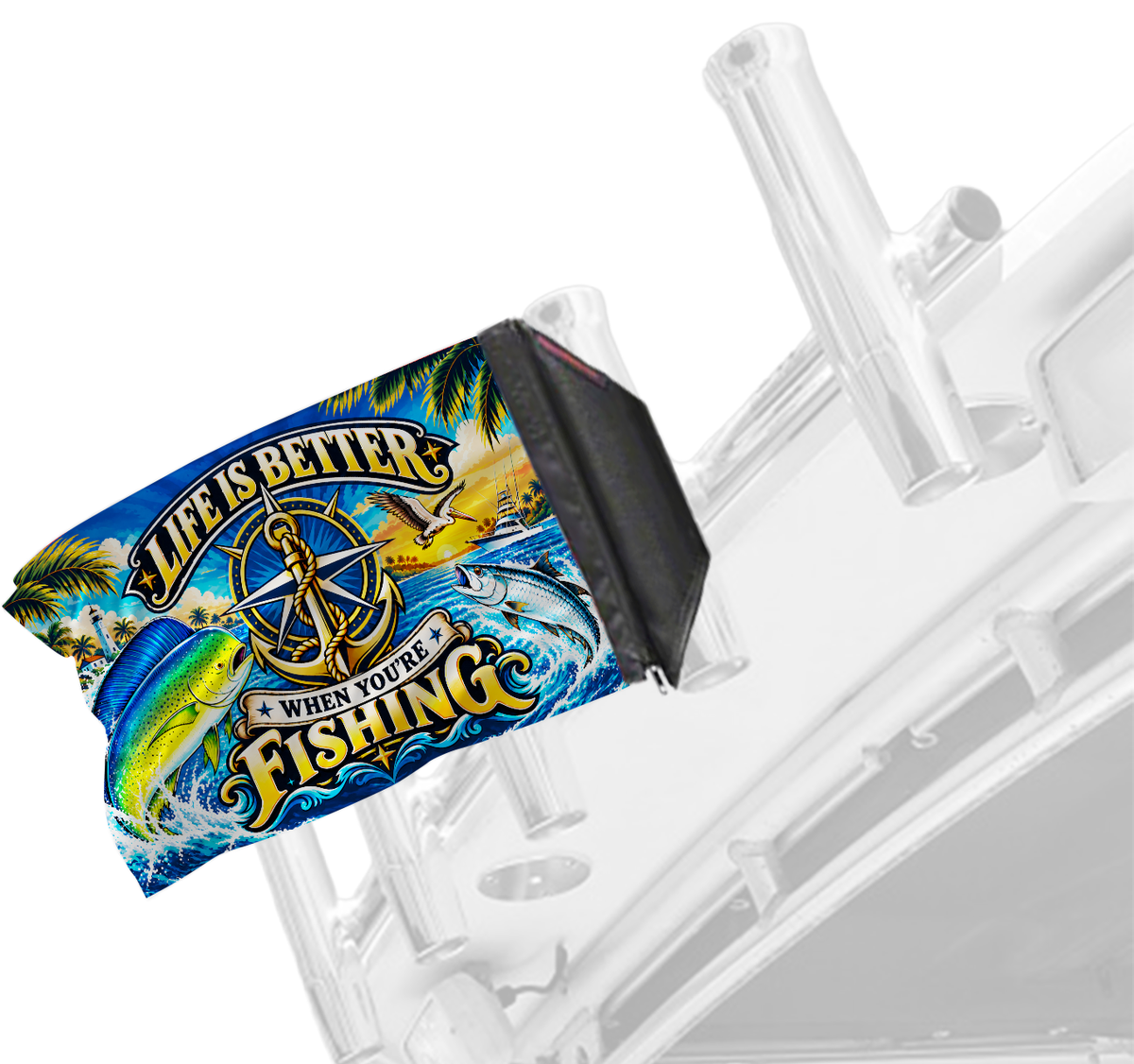Life Is Better Forever Wave flag mounted on a boat rod holder