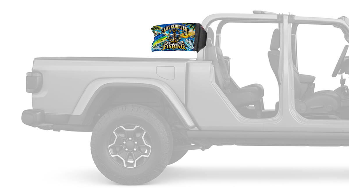 Life Is Better Forever Wave flag mounted on a Jeep Gladiator roll bar sleeve