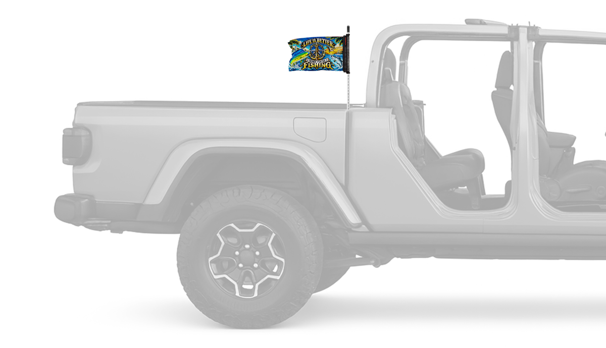 Life Is Better Forever Wave flag mounted on a Jeep Gladiator antenna