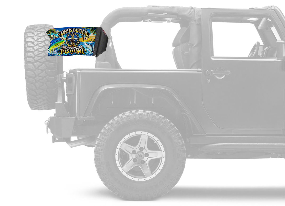 Life Is Better Forever Wave flag mounted on a padded Jeep roll bar